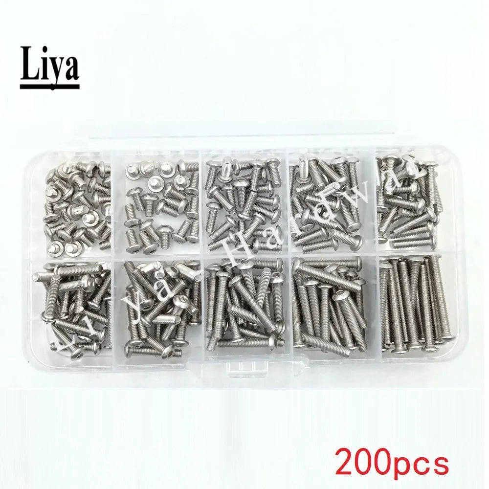 100-200pcs M2 M2.5 M3 A2-70 Stainless Steel 304 and Black ISO7380 Button Head Allen Bolts Hexagon Socket Screws kit
