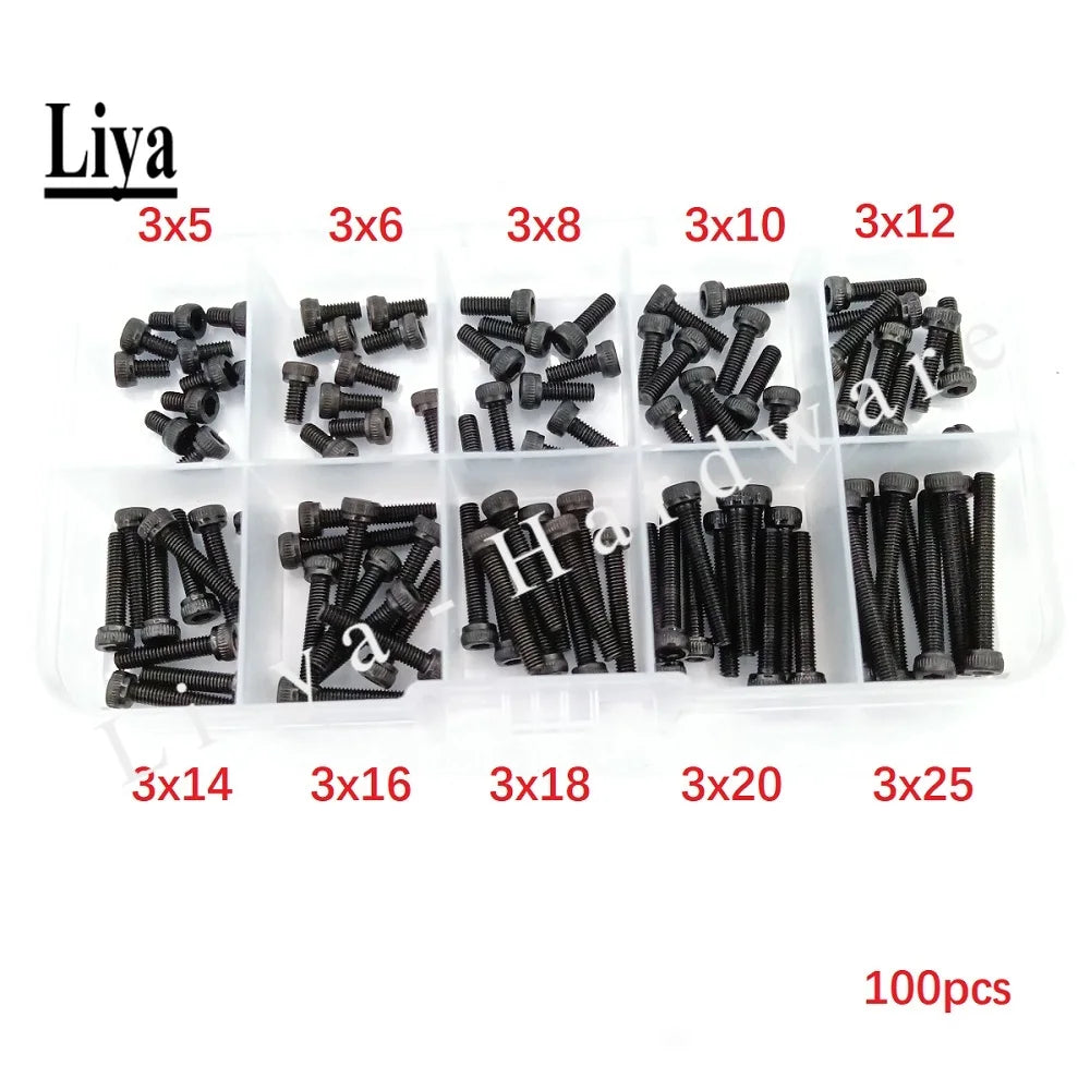 100-200pcs M2M2.5M3 * 5/6/8/10/12/14/16/18/20/25mm  DIN912 Black Hex Socket Head Cap Screw Accessories Kit Sample box