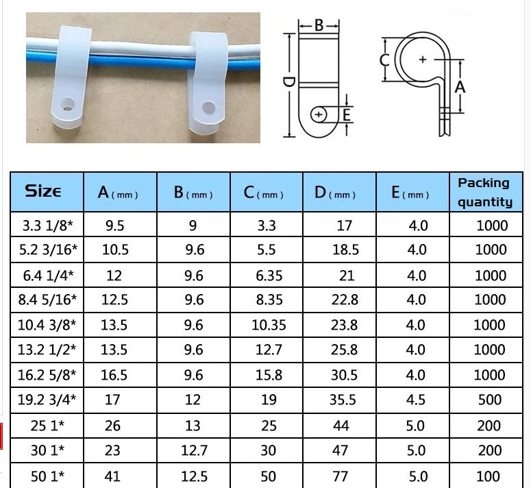 1000pcs  Nylon White Wire Cable Hose P Type R Clamp Clips Clip C  6.4mm 1/4"