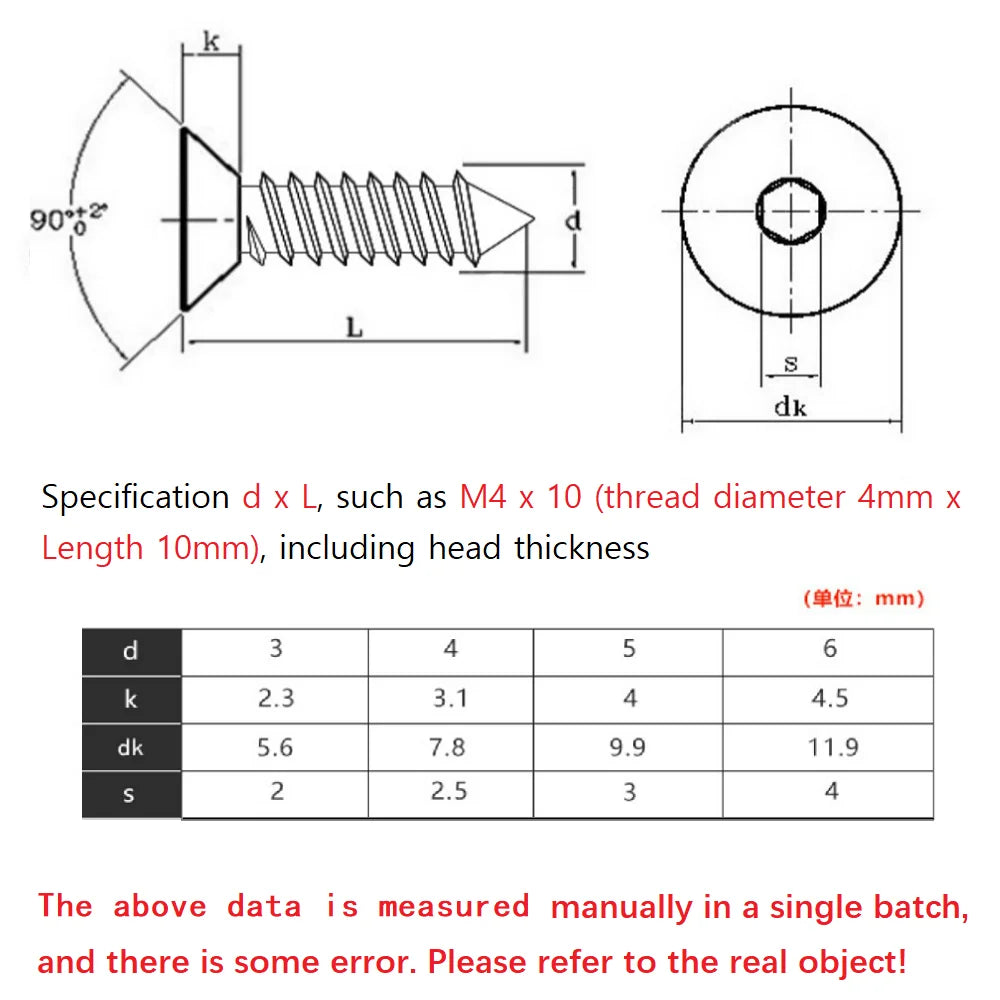 10pcs M3 M4 Titanium Plating Gold countersunk hexagon socket tapping screw