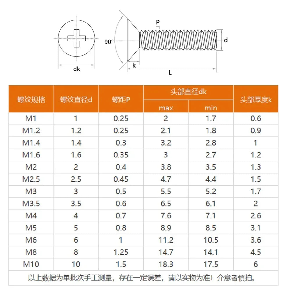 KM GB819 DIN965 m1 m1.2 m1.4 m1.6 m2 m2.5 m3 m4 m5 stainless steel 304 phillips flat countersunk  head micro machine screw