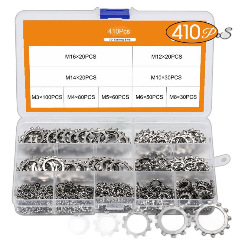 304 Stainless Steel 410PCS Boxed Washer Outer Tooth Flat Pad Locking Washer Anti-Slip Stop Washer Set for Household & Construction