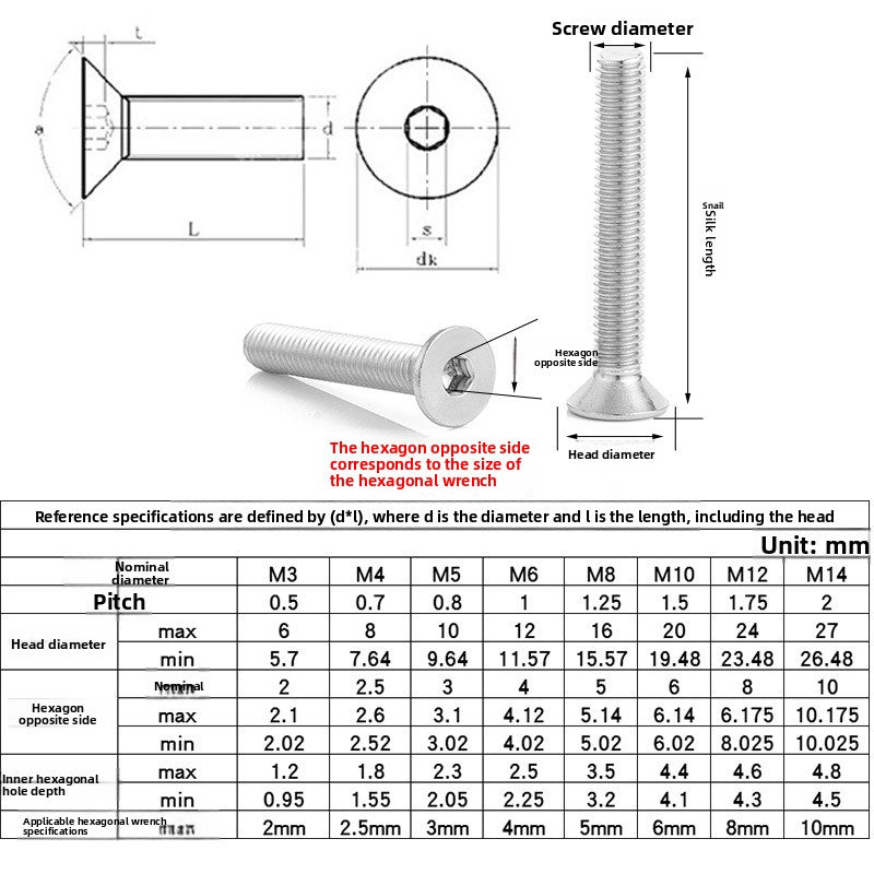 M2 M2.5 M3 M4 304 Stainless Steel Countersunk Head Hexagon Screws - Flat Cup Hex Bolts for Machinery and Furniture Installation