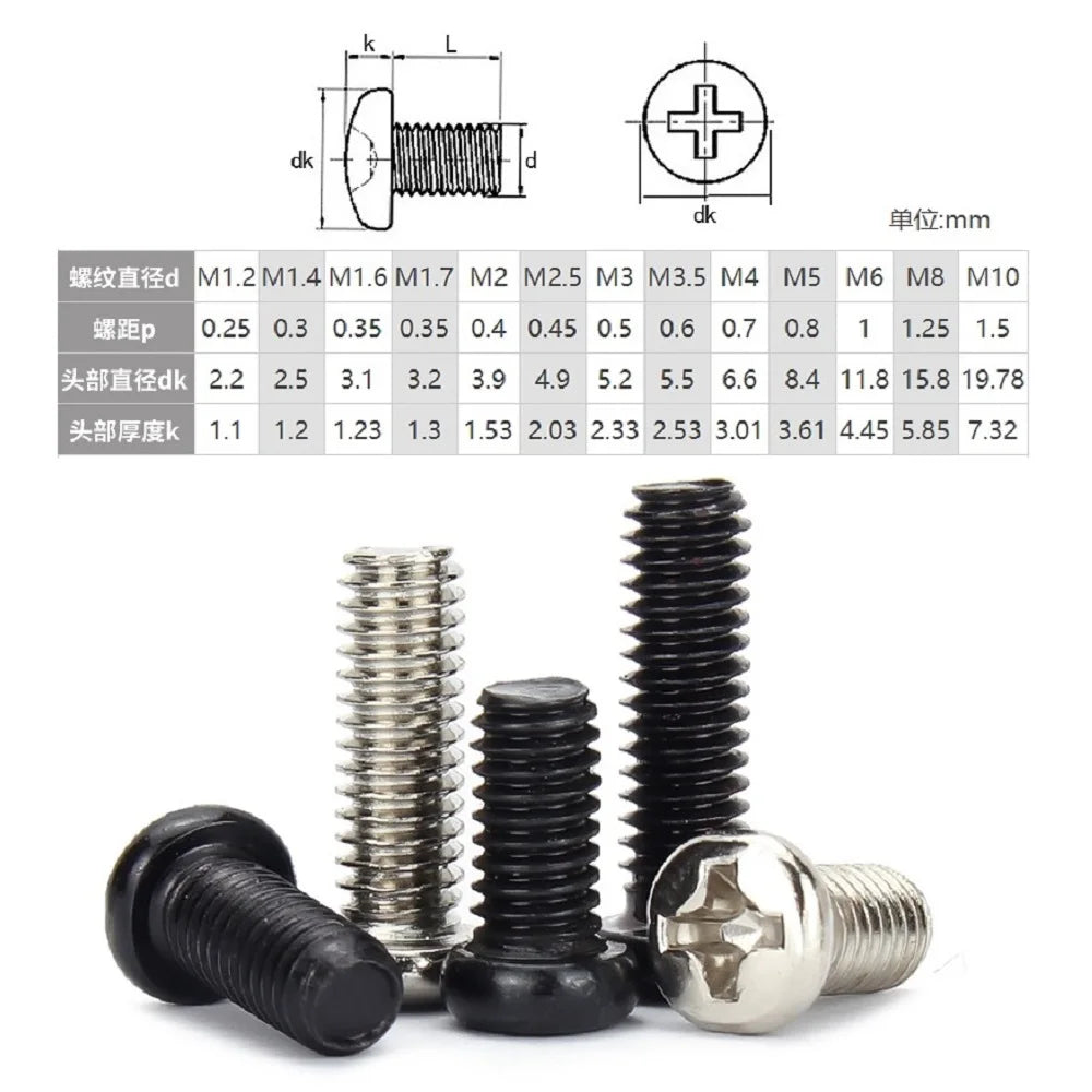 10-100pcs DIN7985  M1 M1.2 M1.4 M1.6 M2 M2.5 M3 M4 M5 Pan Head Phillips (Cross recessed pan head) Screw