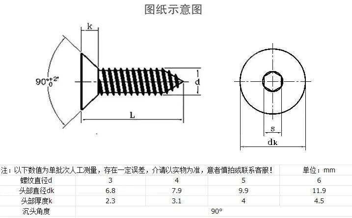 10-50pcs  M2 M2.5 M3 M3.5 M4 M5 M6  steel with black flat hex countersunk Head Self Tapping Screw Model Screw