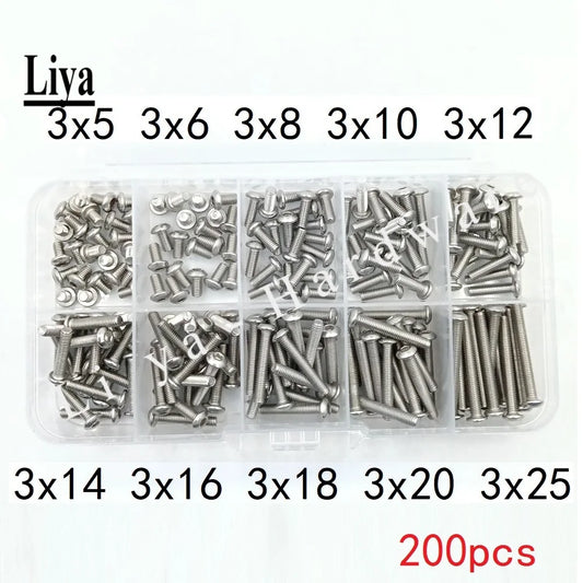 100-200pcs M2 M2.5 M3 A2-70 Stainless Steel 304 and Black ISO7380 Button Head Allen Bolts Hexagon Socket Screws kit