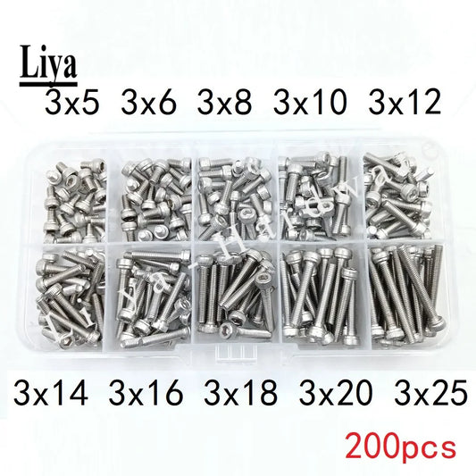 100-200pcs M2M2.5M3 * 5/6/8/10/12/14/16/18/20/25mm  DIN912 Black Hex Socket Head Cap Screw Accessories Kit Sample box