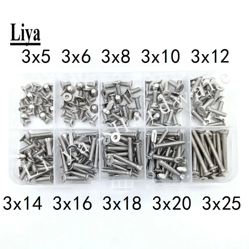 100-200pcst M2/2.5/3 * 5/6/8/10/12/14/16/18/20/25mm DIN7991 stainless steel 304 countersunk hex socket flat head Accessories Kit