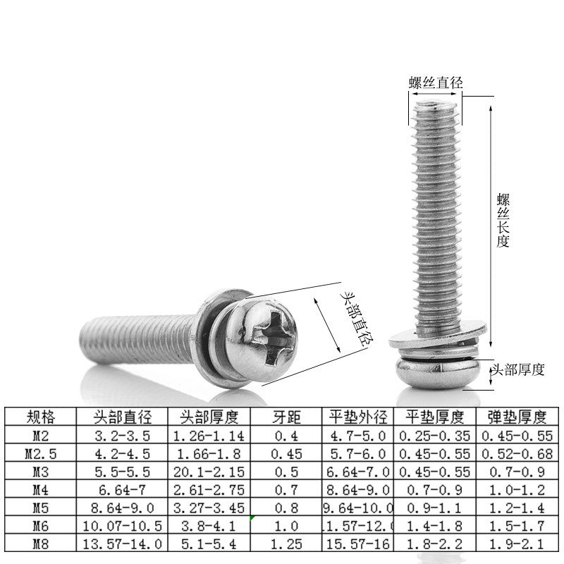 M2/M3/M4/M5/M6/M7/M8 304 Stainless Steel Cross Round Head Three Combination Screw Pan Head Bolt Elastic Flat Washer Screw for Machinery & Home Assembly