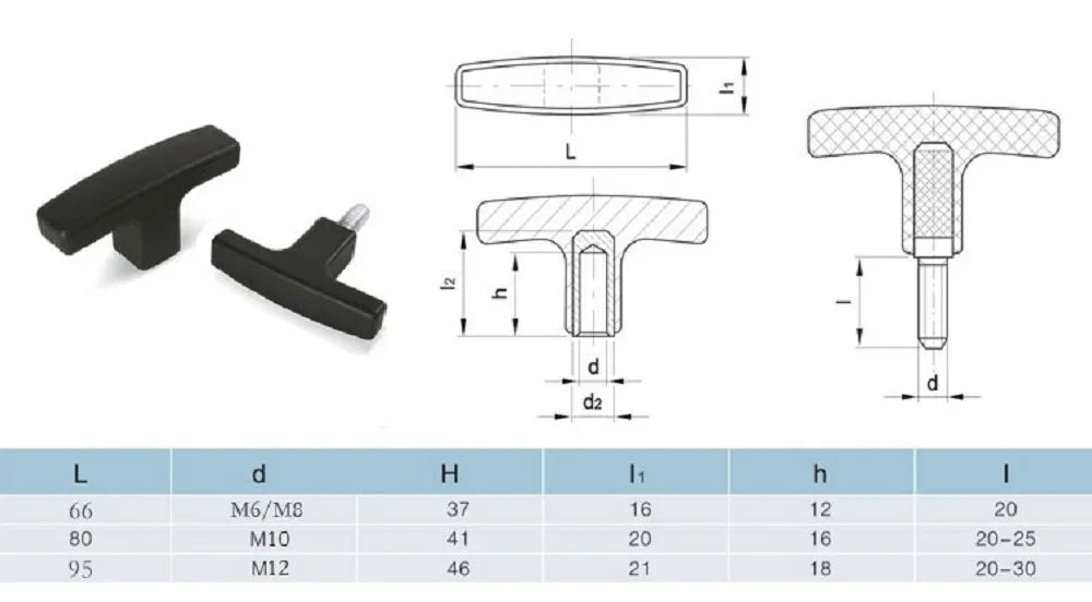 1pcs 304 stainless steel Plastic T-Handle Slotted Handle Plastic Head Adjustable Handle Screw M6-M12