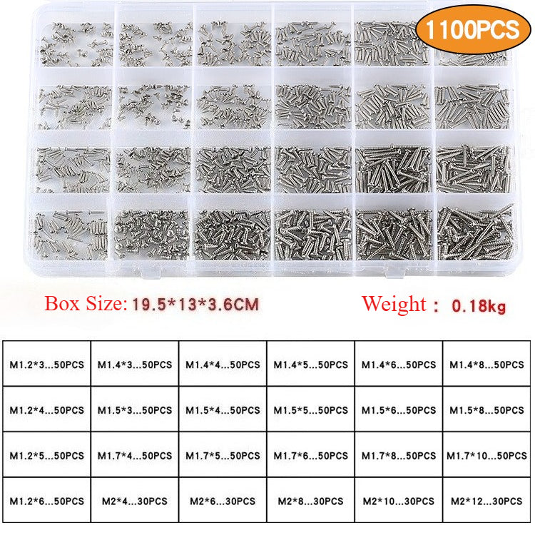 450/1100/1800PCS Nickel-plated round head self-tapping screw set Cross pan head self-tapping screw box for Furniture & Repair