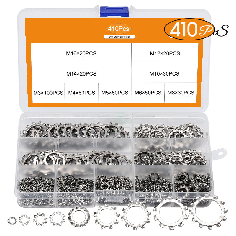 304 Stainless Steel 410PCS Boxed Washer Outer Tooth Flat Pad Locking Washer Anti-Slip Stop Washer Set  for Household & Construction