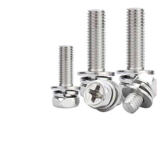 M3/M4/M5/M6/M8/M10 304 Stainless Steel 3-in-1 Combination Screws – Cross Outer Hexagon Head for Equipment Assembly