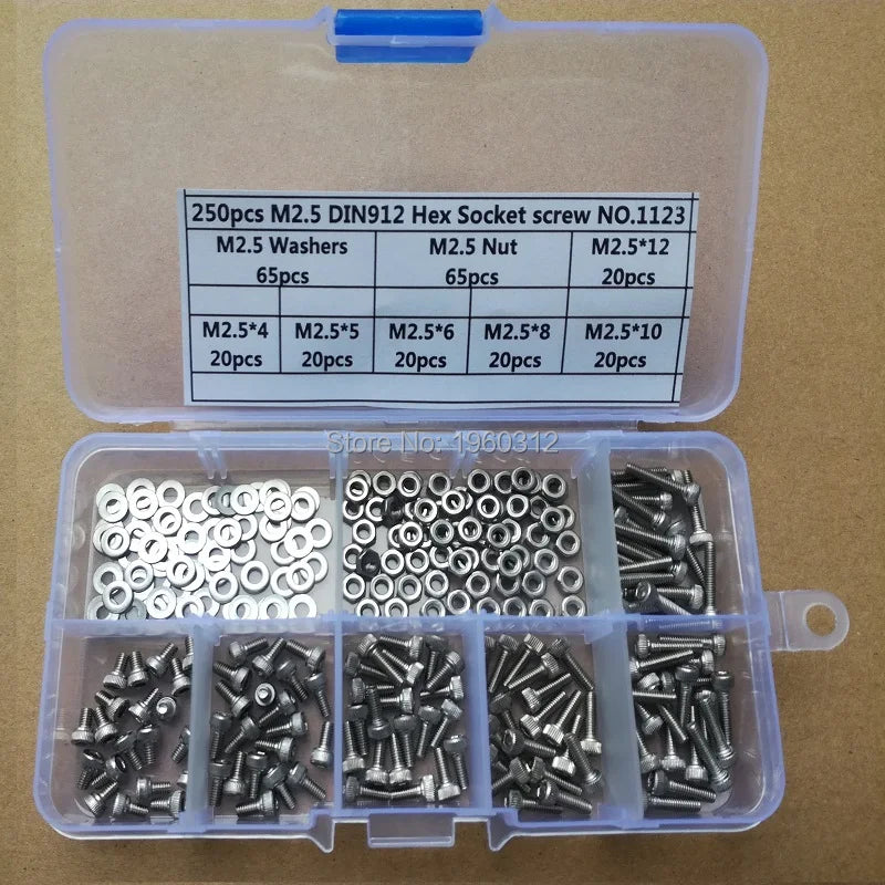 250pcs/set DIN912 M1.6 M2 M2.5 M3 304 Stainless Steel Hexagon Socket Head Cap Screws Bicycle Hex Bolts Assortment Mix Kit