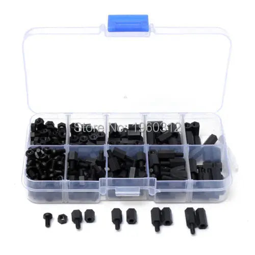 300pcs/set M2 M2.5 M3 M4  Nylon Screw White or Black Hex Screw Nut Spacer Stand-off Varied Length Assortment Kit Box