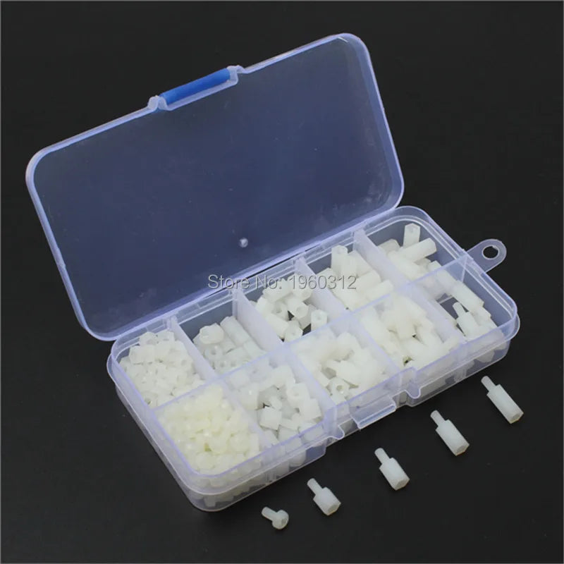 300pcs/set M2 M2.5 M3 M4  Nylon Screw White or Black Hex Screw Nut Spacer Stand-off Varied Length Assortment Kit Box