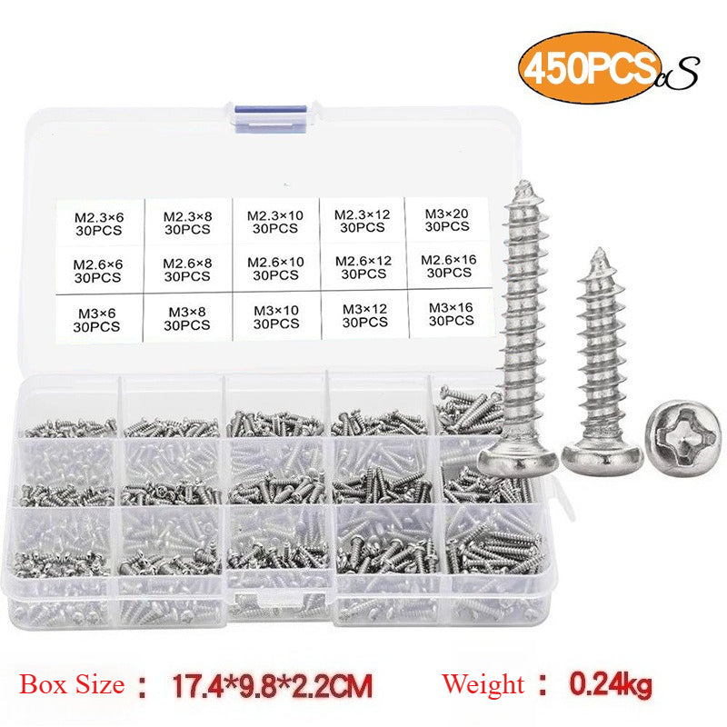 450/1100/1800PCS Nickel-plated round head self-tapping screw set Cross pan head self-tapping screw box for Furniture & Repair