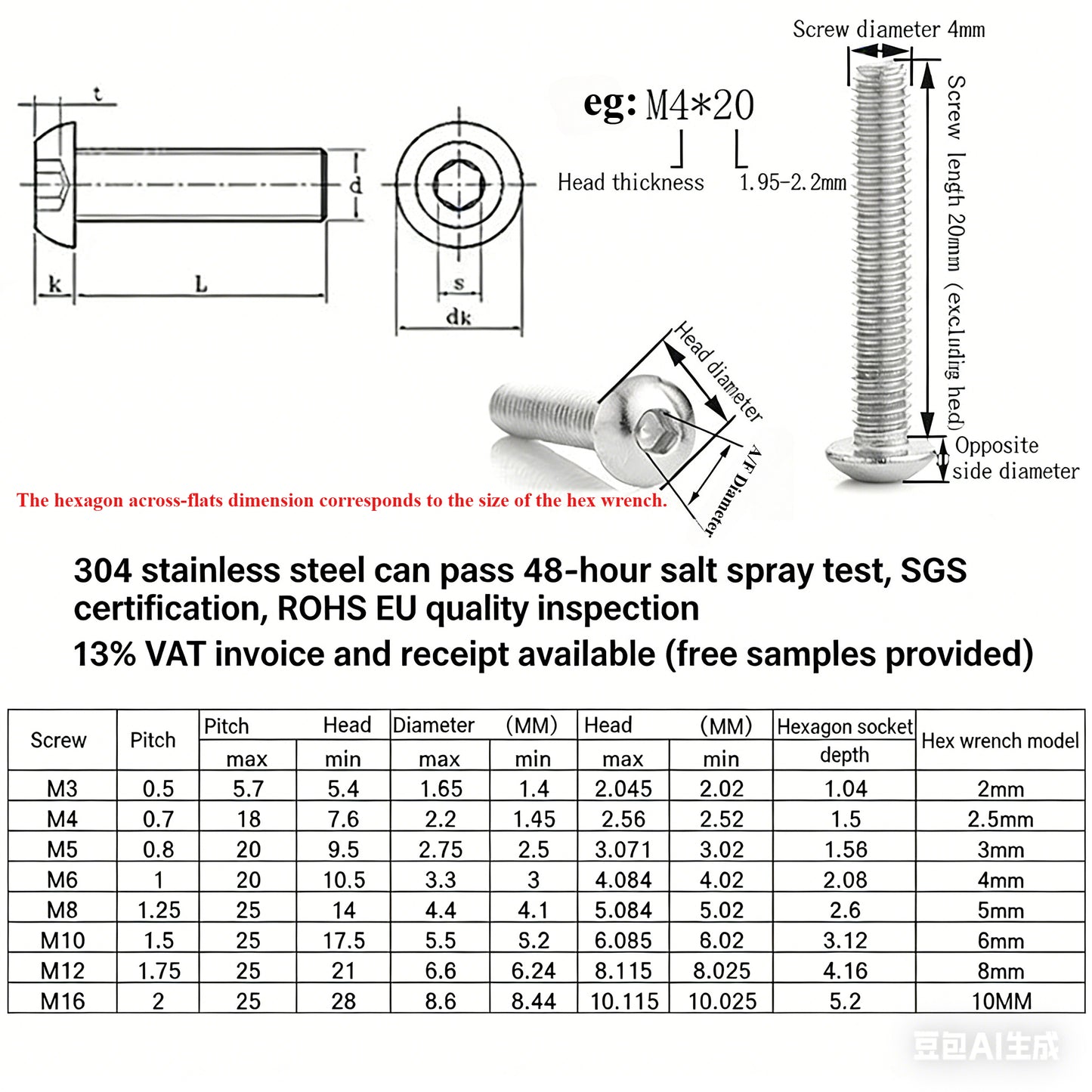 UNC 304 Stainless Steel Semicircle Head Hexagon Screws for Furniture & Mechanical Repair