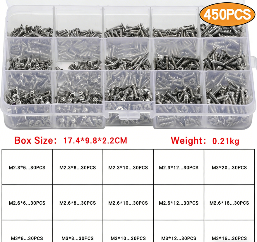 Carbon steel nickel-plated self-tapping screws set Cross slot countersunk self-tapping screws Household screws Boxed screws for Household Repair