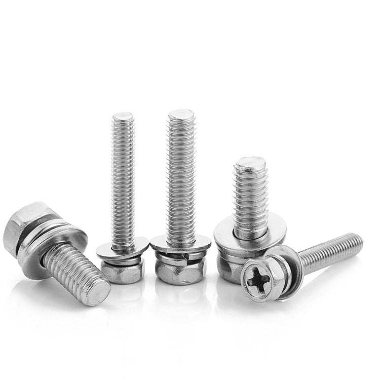 M3/M4/M5/M6/M8/M10 304 Stainless Steel 3-in-1 Combination Screws – Cross Outer Hexagon Head for Equipment Assembly