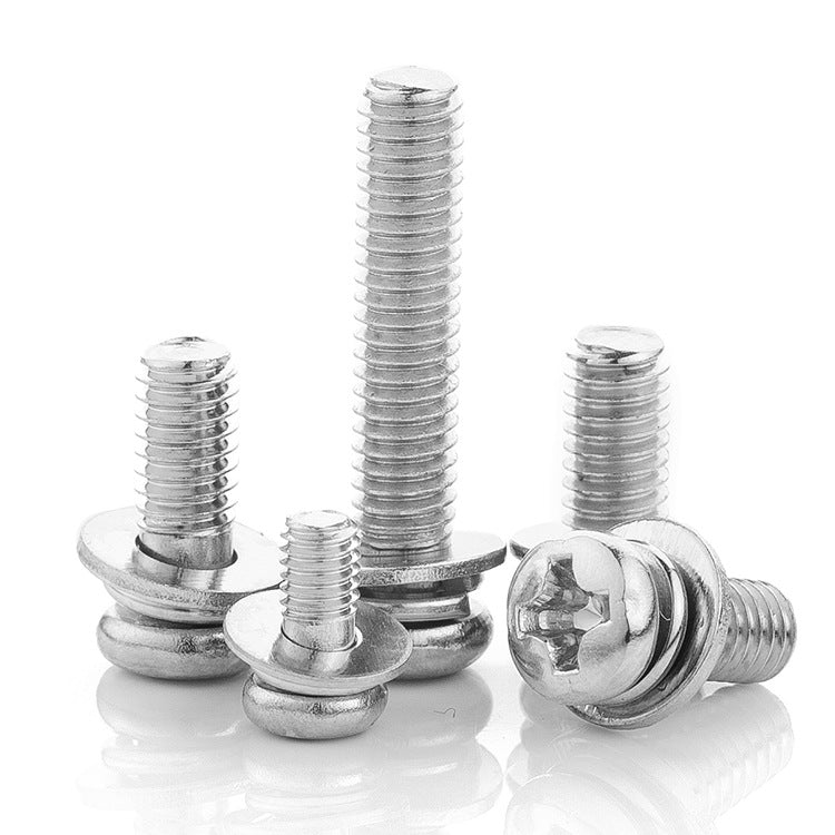 M2/M3/M4/M5/M6/M7/M8 304 Stainless Steel Cross Round Head Three Combination Screw Pan Head Bolt Elastic Flat Washer Screw for Machinery & Home Assembly