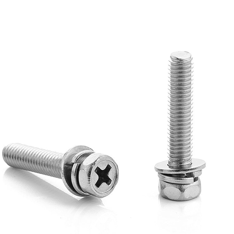M3/M4/M5/M6/M8/M10 304 Stainless Steel 3-in-1 Combination Screws – Cross Outer Hexagon Head for Equipment Assembly