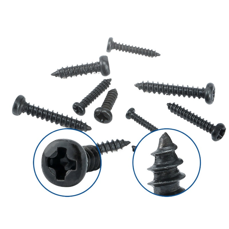 M1.2 M2 M3 Black-Plated Cross Round Head Self-Tapping Screws Set – Small Pan Head for Mini Devices & Repair