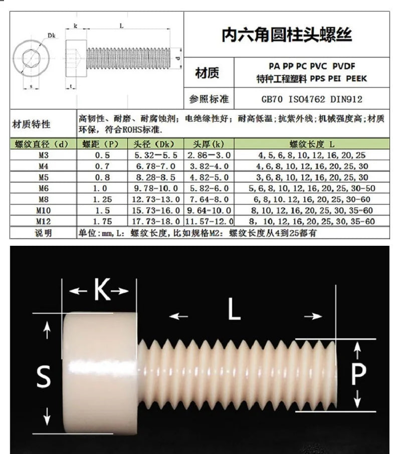 10pcs M5 M6 PEEK Hex Socket Screw Allen Plastic Cylindrical head Screws Bolts  DIN912