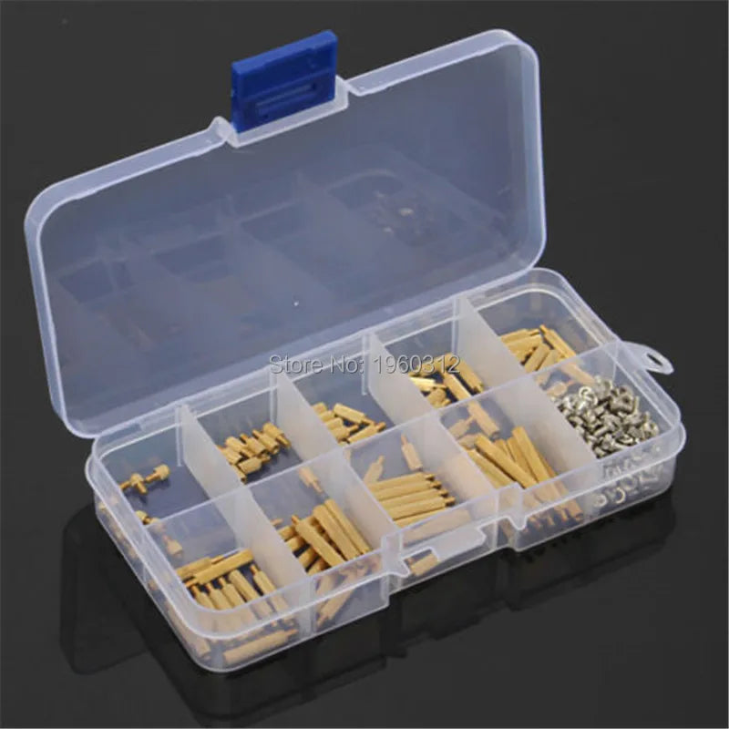 270Pcs/Set M2 3-25mm Male to Female / Female to Female  Round knurled Brass PCB Standoff Spacer Screw Nut Assortment Kit box