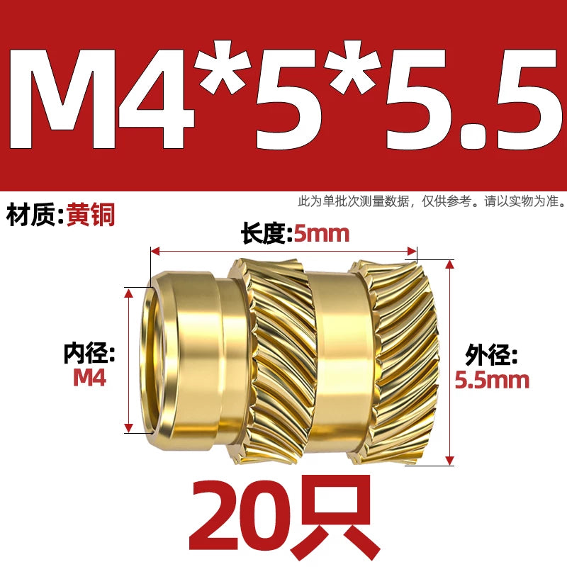M1-M8 Knurled Brass Heat-Set Inserts - Slant Twill Threaded Nuts for Plastic Injection Molding 3D Printing