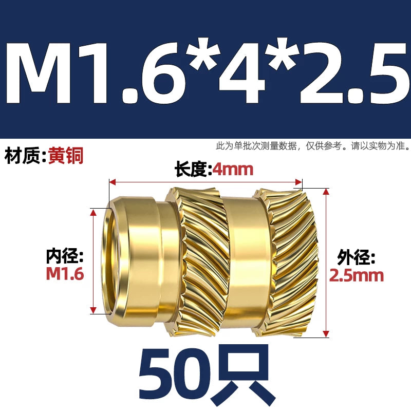 M1-M8 Knurled Brass Heat-Set Inserts - Slant Twill Threaded Nuts for Plastic Injection Molding 3D Printing