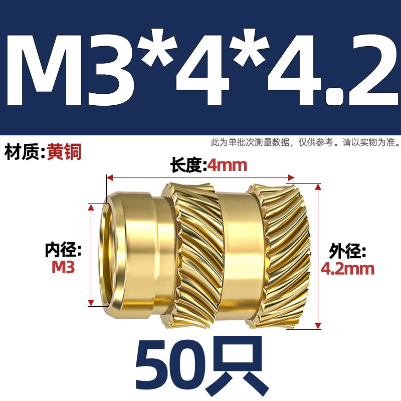 M1-M8 Knurled Brass Heat-Set Inserts - Slant Twill Threaded Nuts for Plastic Injection Molding 3D Printing