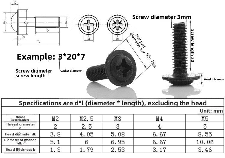 M2.5 M3 M4 M5 Cross Pan Head Screws with Washer & Self-Tapping Teeth for Furniture & DIY Assembly
