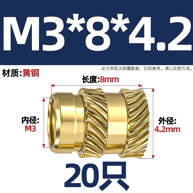 M1-M8 Knurled Brass Heat-Set Inserts - Slant Twill Threaded Nuts for Plastic Injection Molding 3D Printing