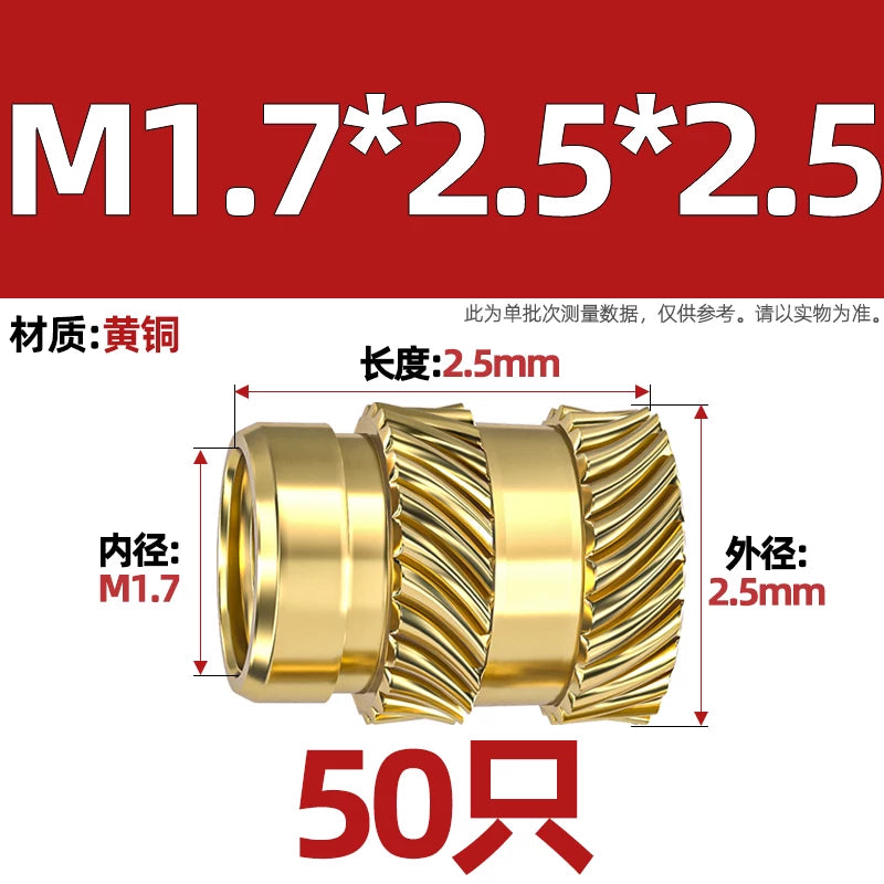 M1-M8 Knurled Brass Heat-Set Inserts - Slant Twill Threaded Nuts for Plastic Injection Molding 3D Printing