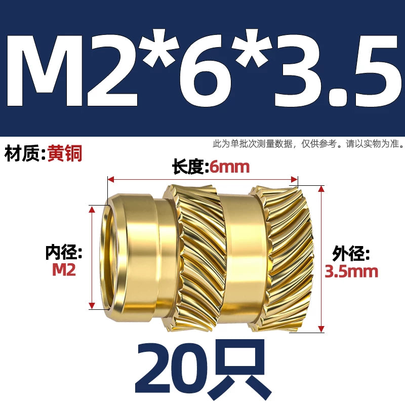 M1-M8 Knurled Brass Heat-Set Inserts - Slant Twill Threaded Nuts for Plastic Injection Molding 3D Printing