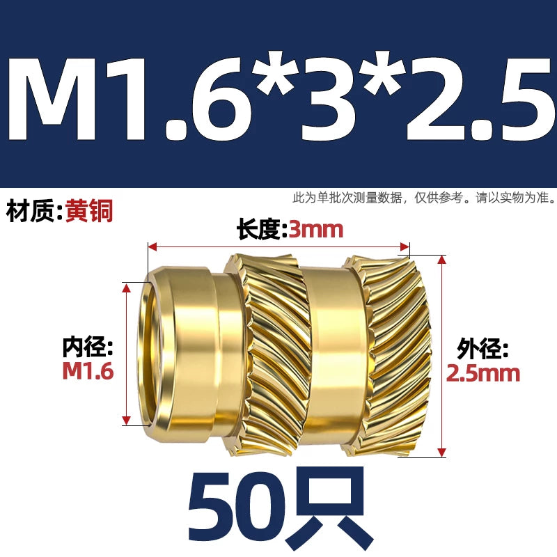 M1-M8 Knurled Brass Heat-Set Inserts - Slant Twill Threaded Nuts for Plastic Injection Molding 3D Printing