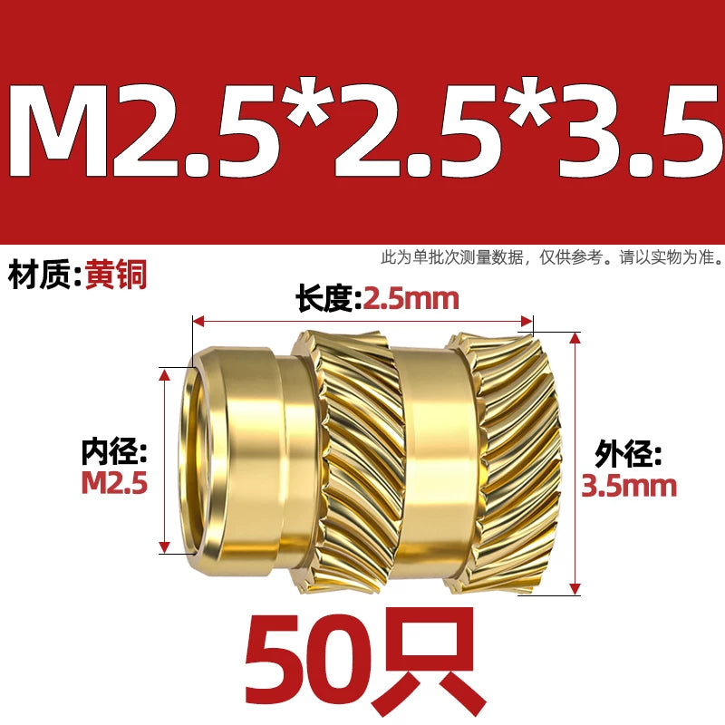 M1-M8 Knurled Brass Heat-Set Inserts - Slant Twill Threaded Nuts for Plastic Injection Molding 3D Printing