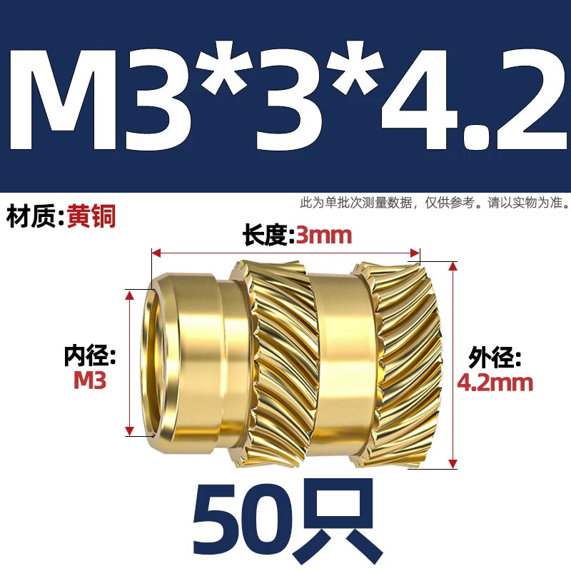 M1-M8 Knurled Brass Heat-Set Inserts - Slant Twill Threaded Nuts for Plastic Injection Molding 3D Printing
