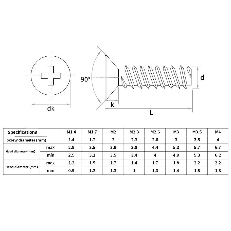 M1.5/M2 304 Stainless Steel Cross Flat Tail Self-Tapping Screws Countersunk Flat Head Fan Screws  for Small Electronics & Fan Installation