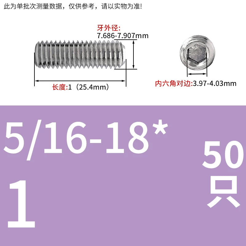 UNC/UNF Stainless Stee Set Screw Inch Headless Hex Socket Concave End Coarse/Fine Thread Screw