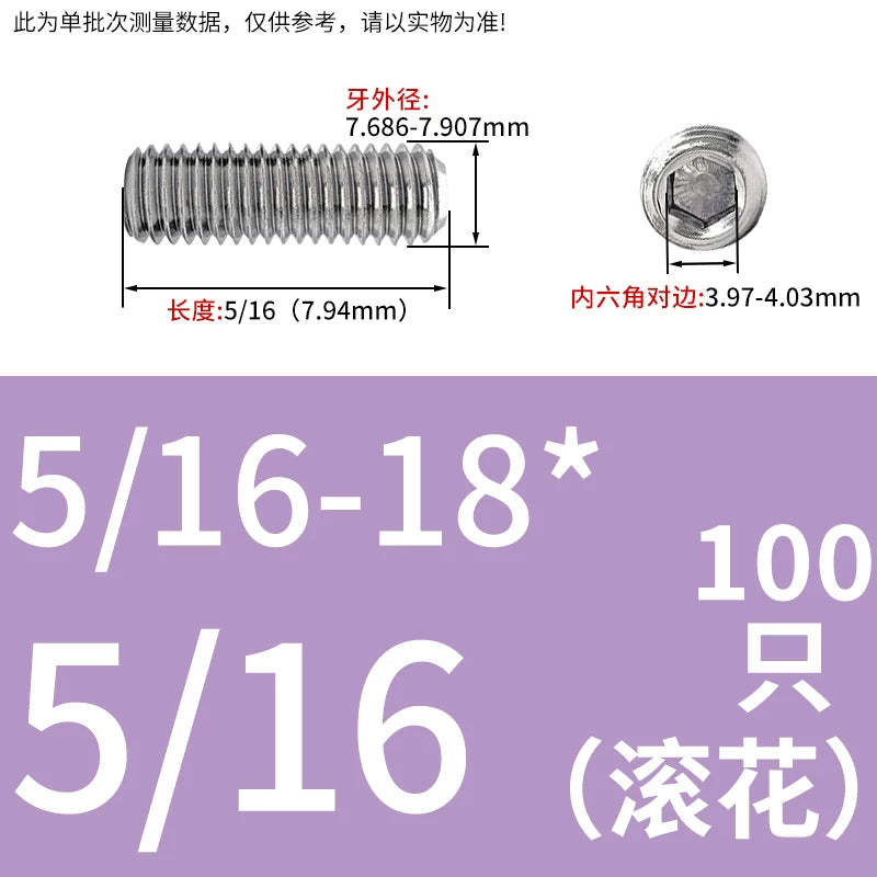 UNC/UNF Stainless Stee Set Screw Inch Headless Hex Socket Concave End Coarse/Fine Thread Screw
