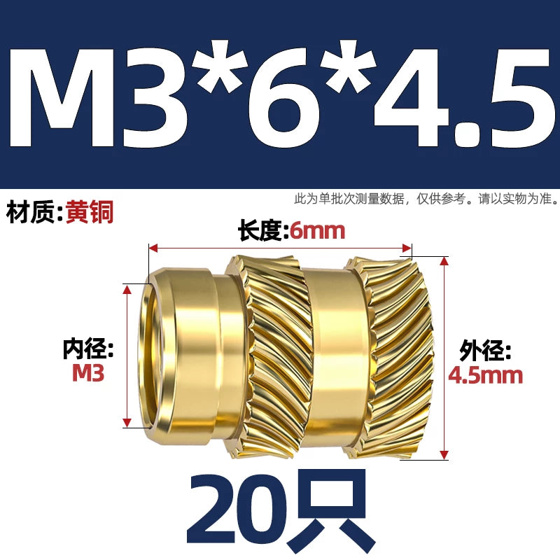 M1-M8 Knurled Brass Heat-Set Inserts - Slant Twill Threaded Nuts for Plastic Injection Molding 3D Printing