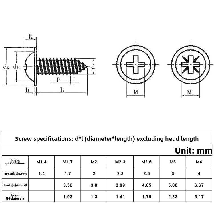 M1.7 M2 M3 Nickel-Plated Cross Round/Pan Head Self-Tapping Screws with Pad/Meson for DIY Electronics & Household Hardware Installation