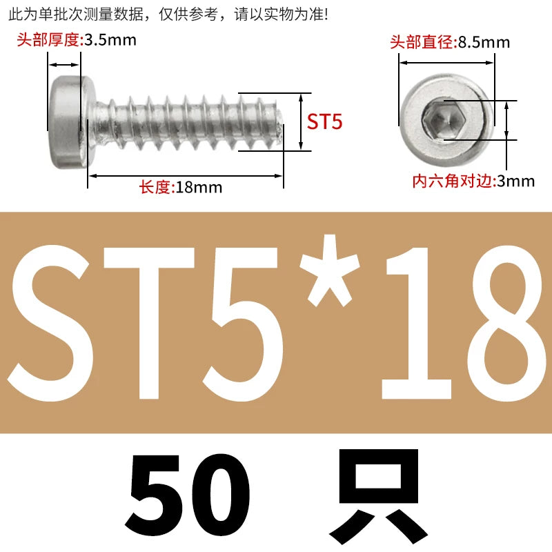 M2-M6.3 304 Stainless Steel Flat Head Hex Socket Self-Tapping Screw Flat Tail Low-Profile Fastener