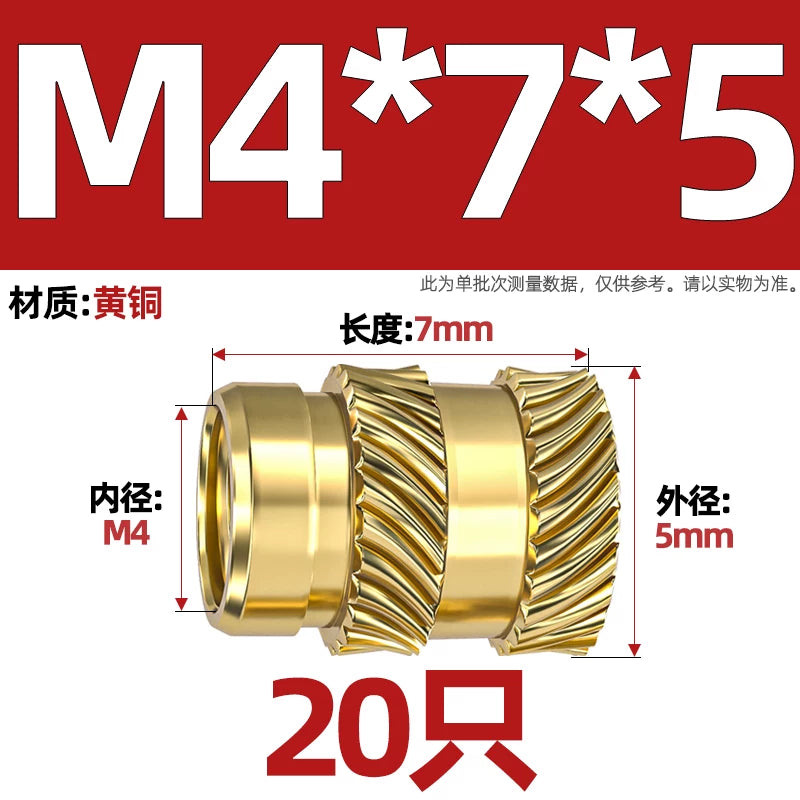 M1-M8 Knurled Brass Heat-Set Inserts - Slant Twill Threaded Nuts for Plastic Injection Molding 3D Printing