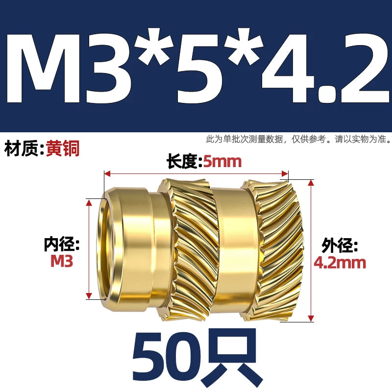 M1-M8 Knurled Brass Heat-Set Inserts - Slant Twill Threaded Nuts for Plastic Injection Molding 3D Printing