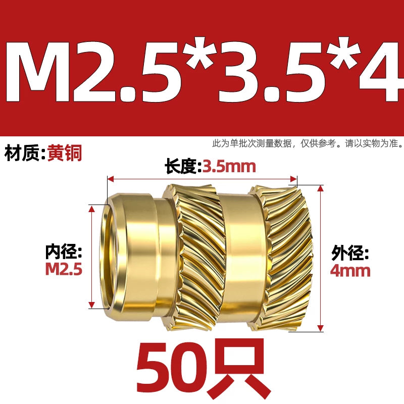 M1-M8 Knurled Brass Heat-Set Inserts - Slant Twill Threaded Nuts for Plastic Injection Molding 3D Printing