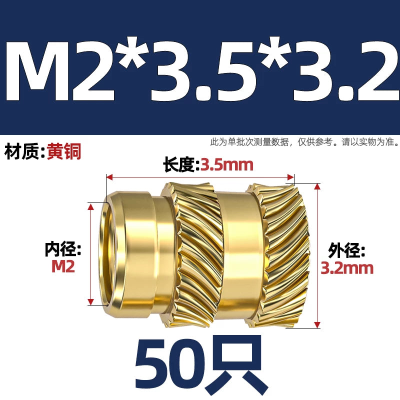 M1-M8 Knurled Brass Heat-Set Inserts - Slant Twill Threaded Nuts for Plastic Injection Molding 3D Printing