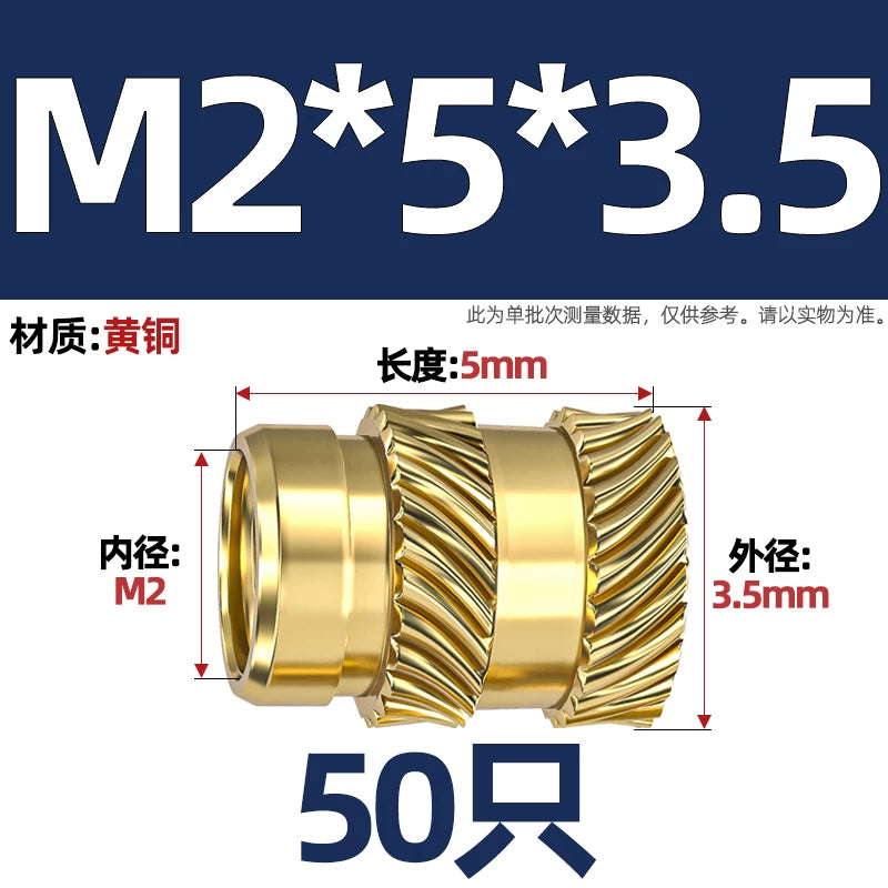 M1-M8 Knurled Brass Heat-Set Inserts - Slant Twill Threaded Nuts for Plastic Injection Molding 3D Printing